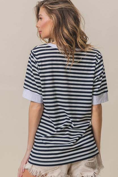 BiBi Contrast Striped Notched Knit Top