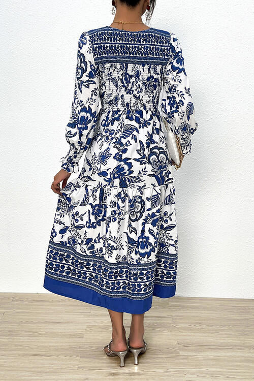 Printed Smocked Lantern Sleeve Ruffled Dress