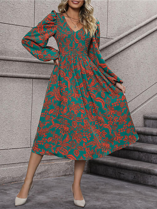 Printed Smocked V-Neck Balloon Sleeve Dress