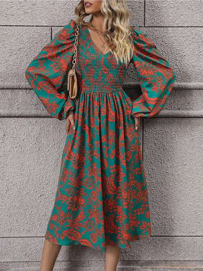 Printed Smocked V-Neck Balloon Sleeve Dress